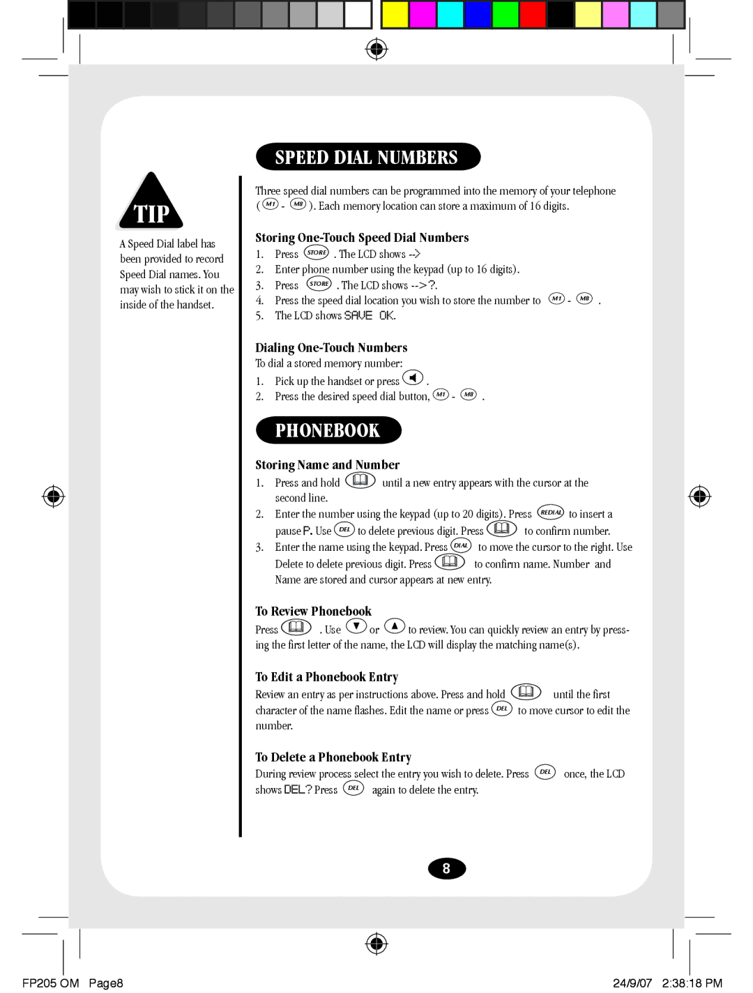 Uniden FP205 manual Speed Dial Numbers, Phonebook 