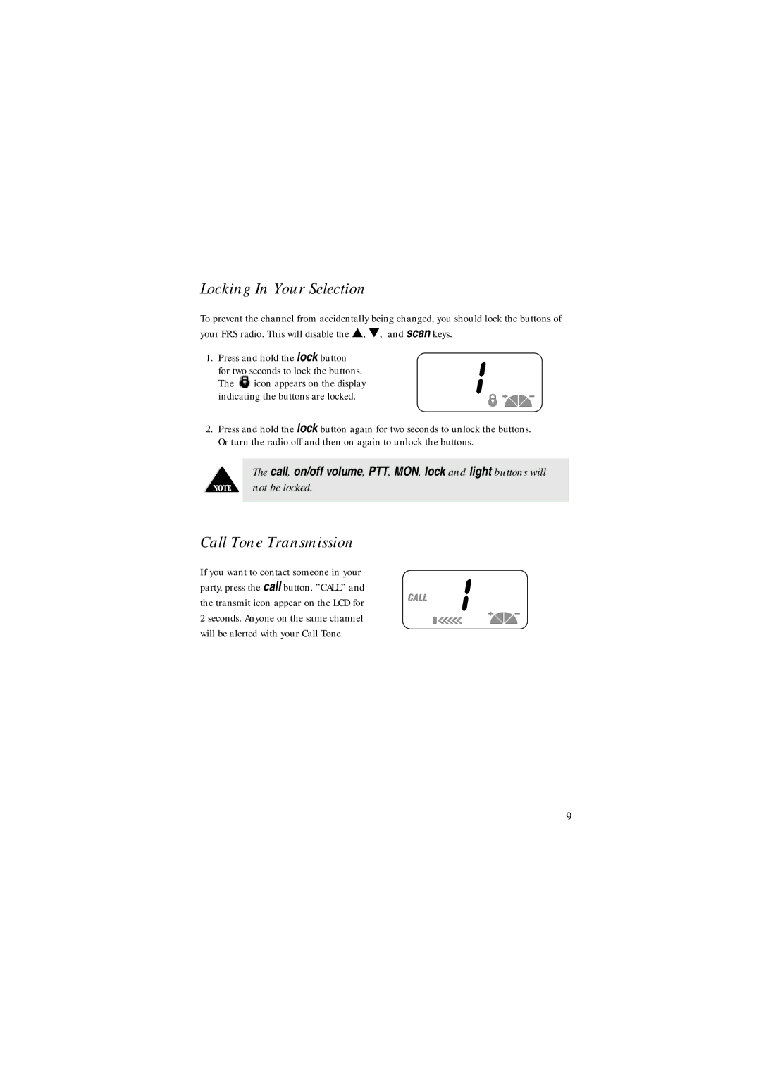 Uniden frs 300 manual Locking In Your Selection, Call Tone Transmission 