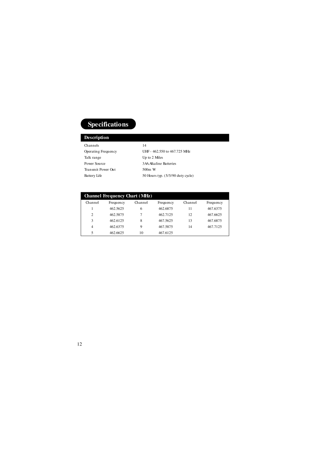 Uniden frs 300 manual Specifications, Channels Operating Frequency, Channel Frequency 