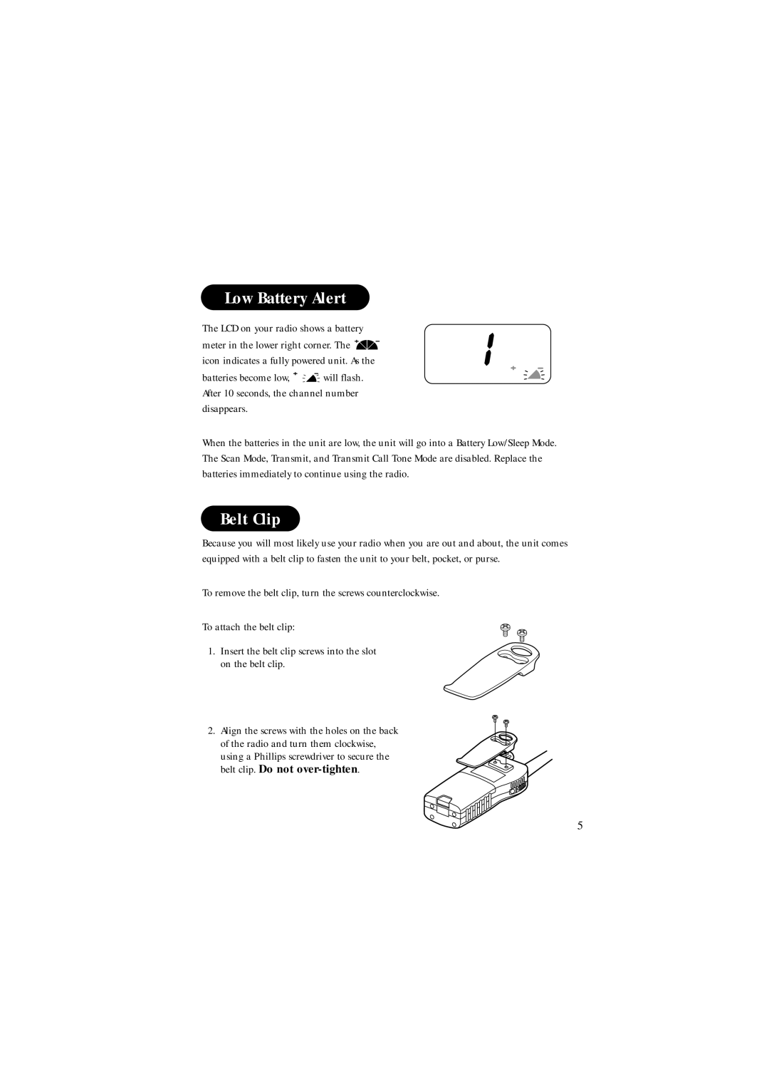 Uniden frs 300 manual Low Battery Alert, Belt Clip 