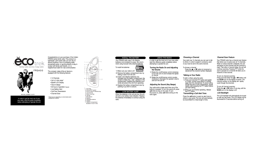 Uniden FRS400 manual Turning the Radio On and Adjusting the Volume, Adjusting the Sound Key Beeps, Choosing a Channel 