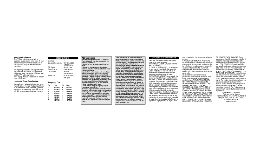 Uniden FRS400 manual Auto Squelch Feature, Automatic Power Save Feature, Frequency Chart, FCC Information 