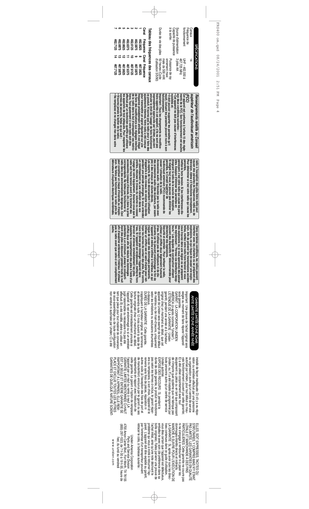 Uniden FRS400 manual Spécifications, Canaux Fréquence de Fonctionnement, 467,725 MHz, Piles AA, La sortie 