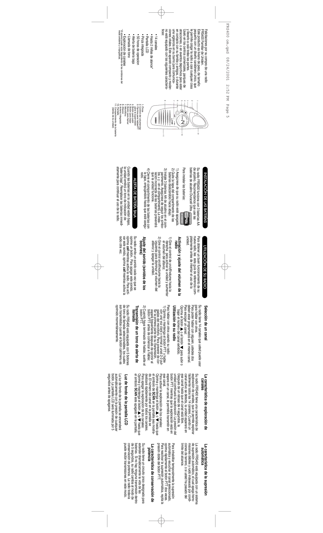 Uniden FRS400 manual Activación y ajuste del volumen de la radio, Selección de un canal, Utilización de su radio 