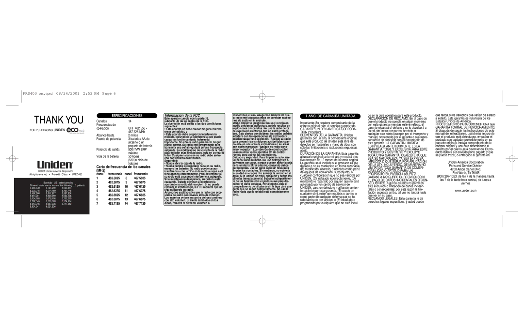 Uniden FRS400 Carta de frecuencia de los canales MHz, Información de la FCC, Especificaciones, AÑO DE Garantía Limitada 