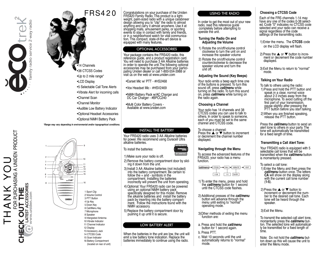 Uniden FRS420 manual Turning the Radio On Adjusting the Volume, Adjusting the Sound Key Beeps, Choosing a Channel 