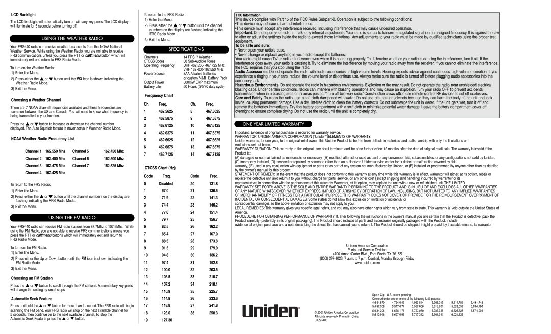 Uniden FRS440 LCD Backlight, Choosing a Weather Channel, Noaa Weather Radio Frequency List, Mhz Channel, 162.425 Mhz, 67.0 