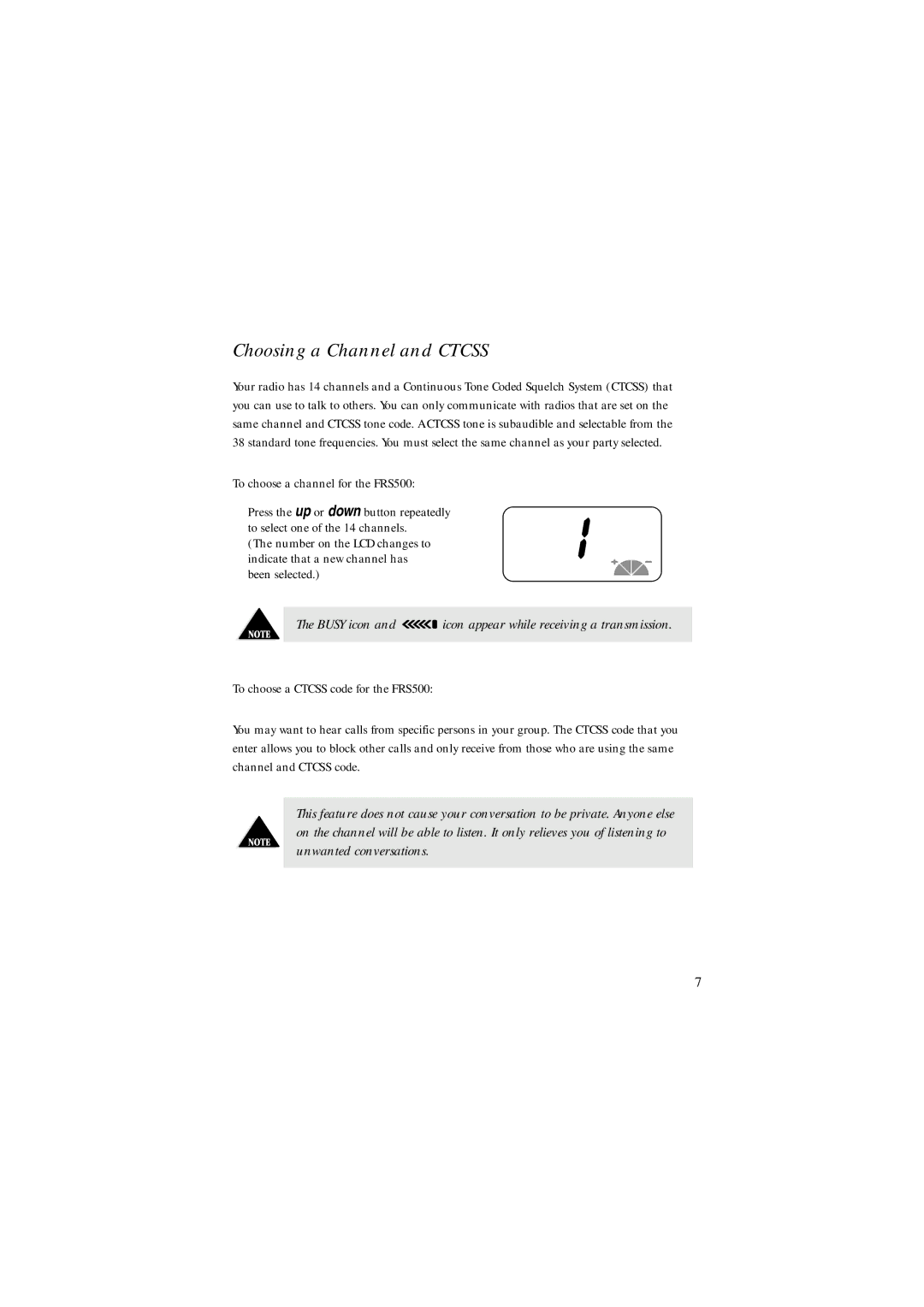 Uniden FRS500 manual Choosing a Channel and Ctcss, Busy icon and icon appear while receiving a transmission 