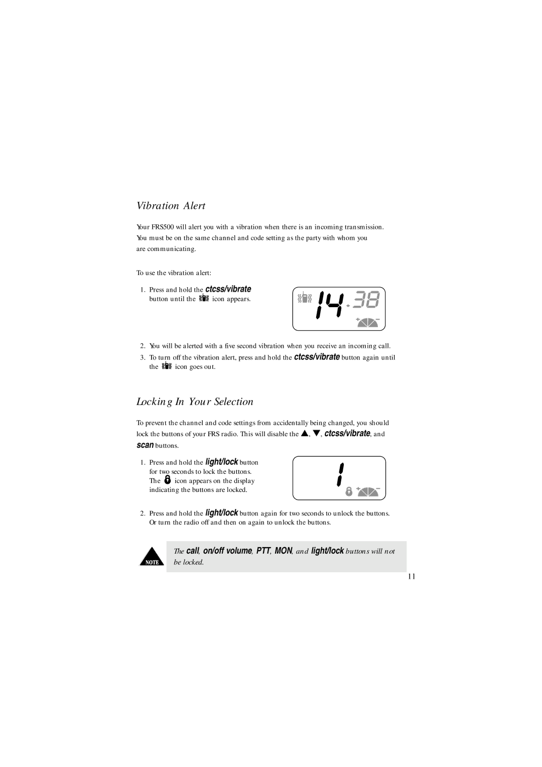 Uniden FRS500 manual Vibration Alert, Locking In Your Selection 