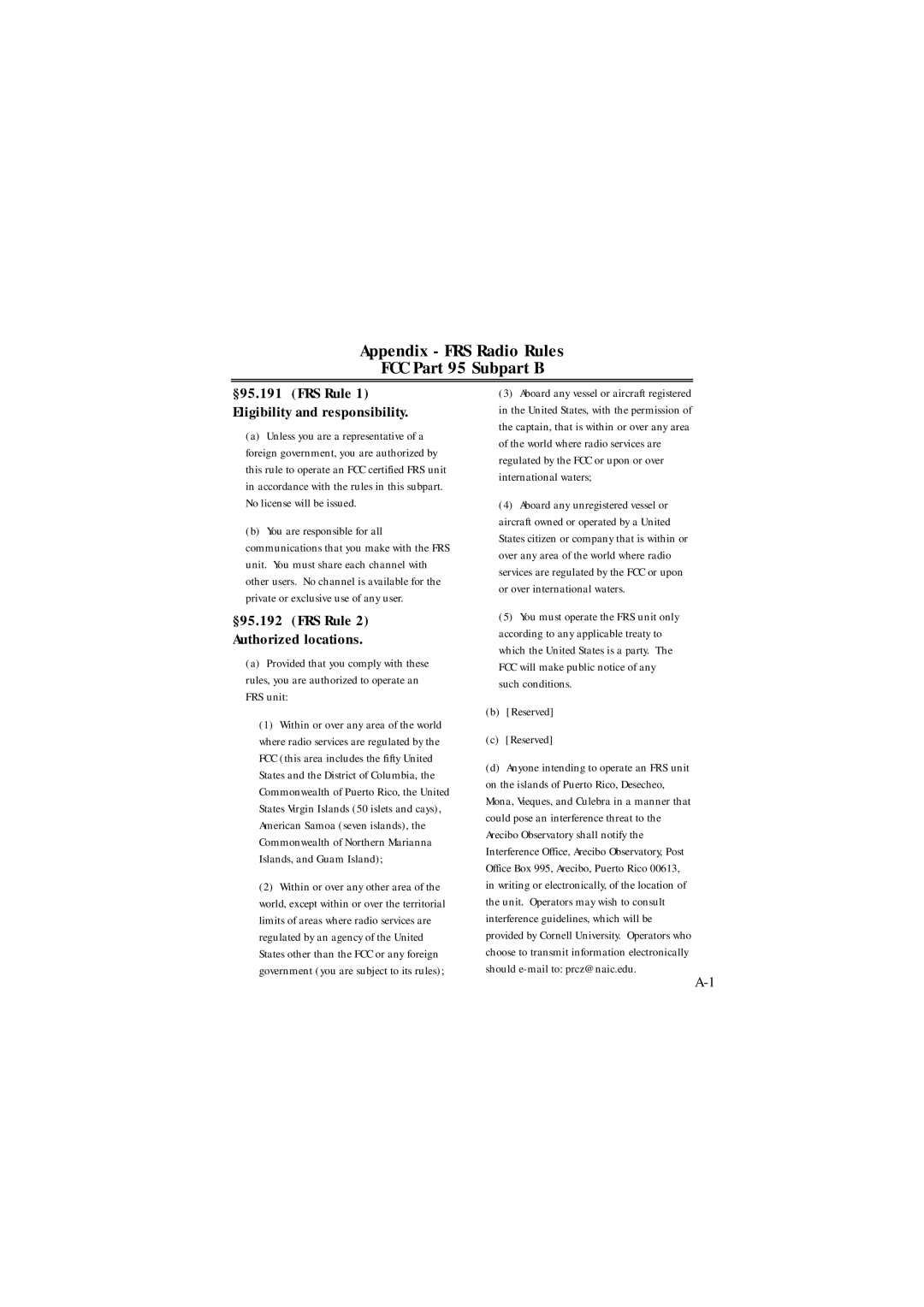 Uniden FRS500 manual Appendix FRS Radio Rules FCC Part 95 Subpart B 