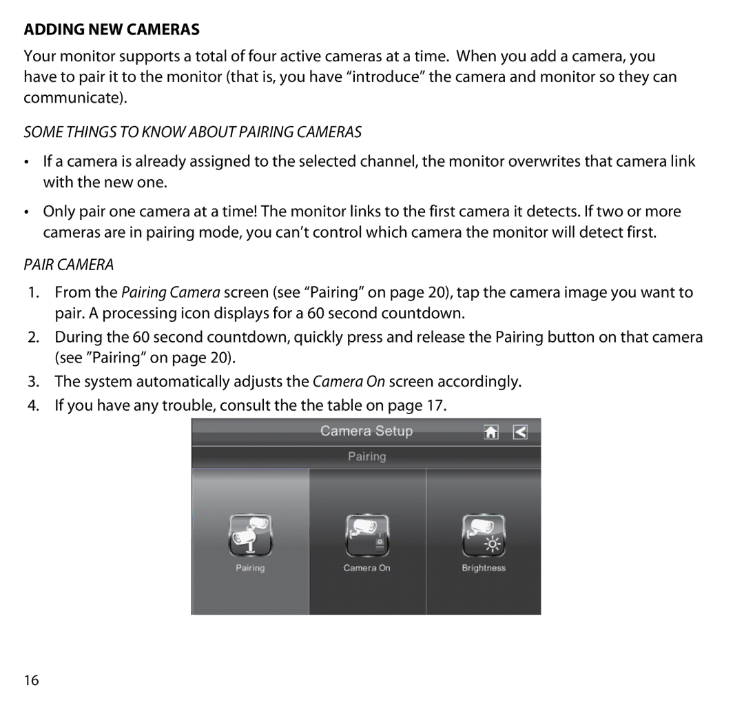 Uniden G403 manual Adding New Cameras, Some things to know about pairing cameras, Pair Camera 