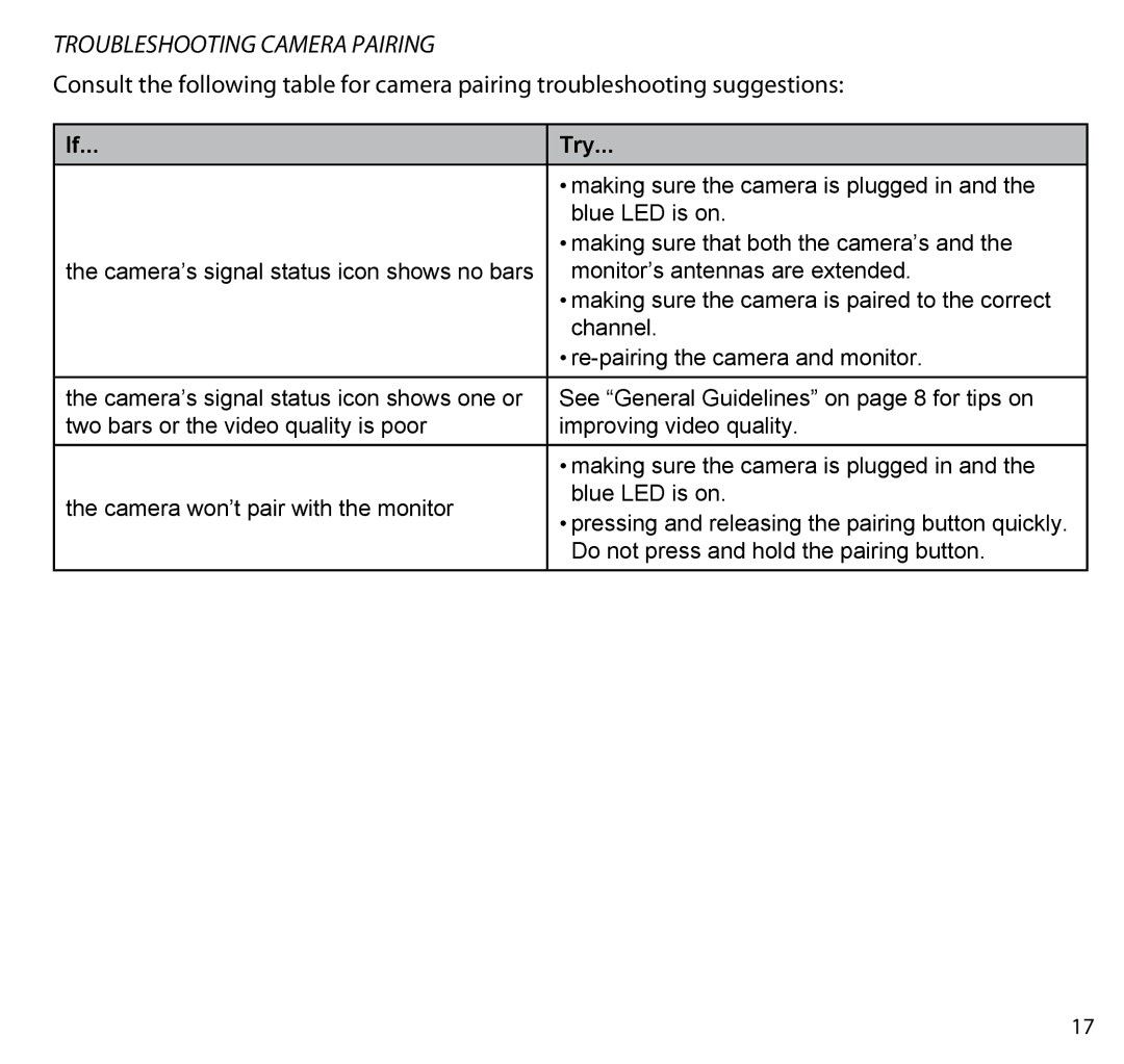 Uniden G403 manual Troubleshooting camera Pairing, Try 