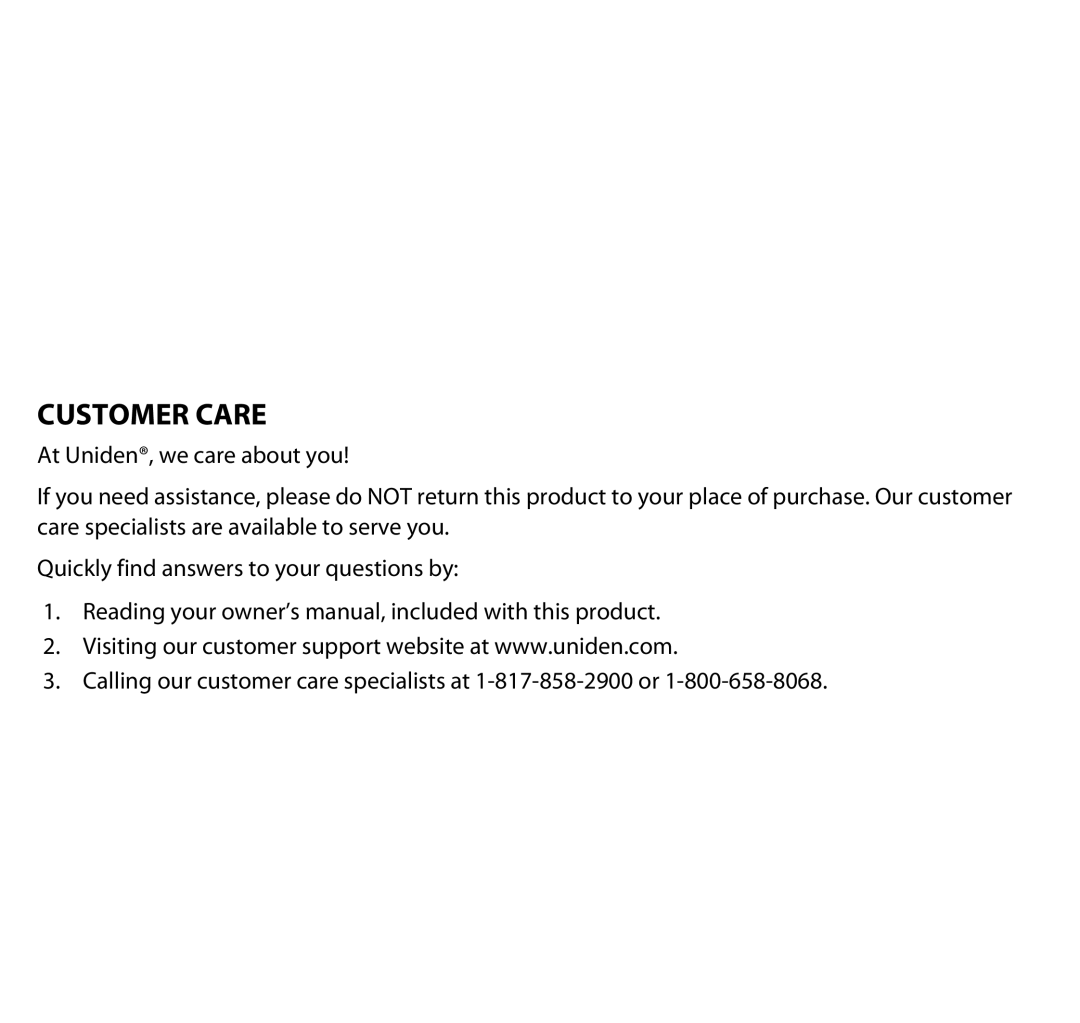 Uniden G403 manual Customer Care 