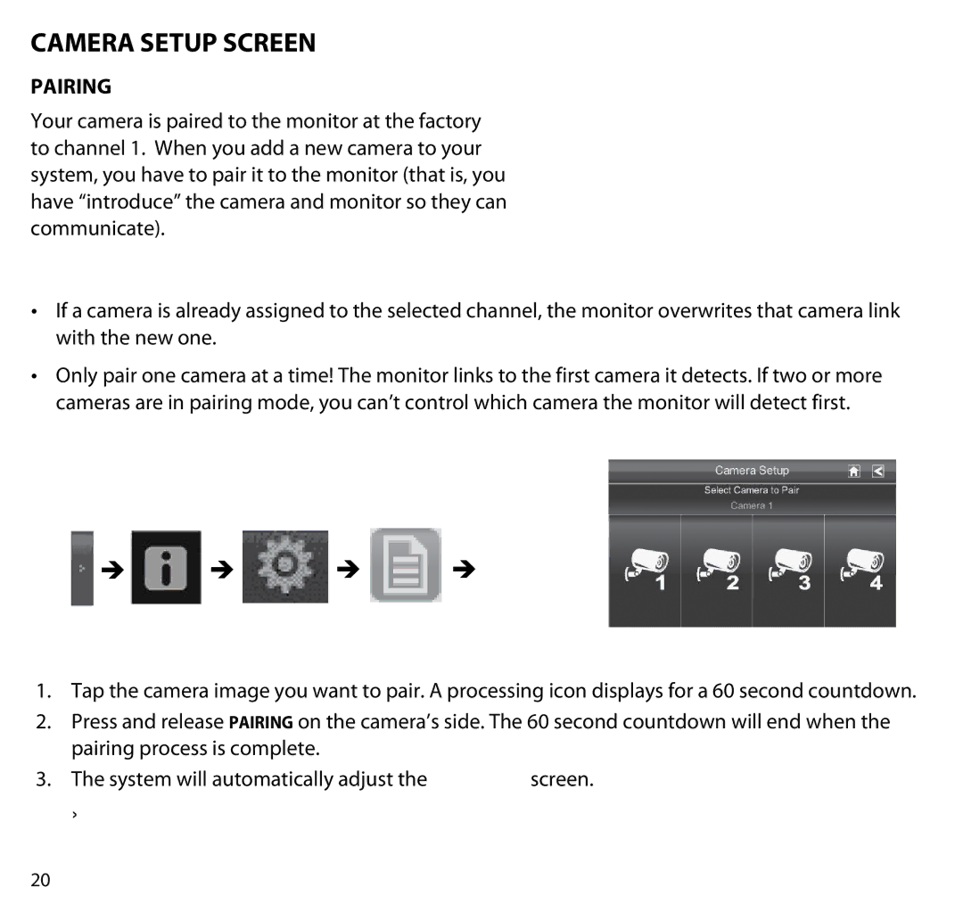Uniden G403 manual Camera Setup Screen, Pairing 