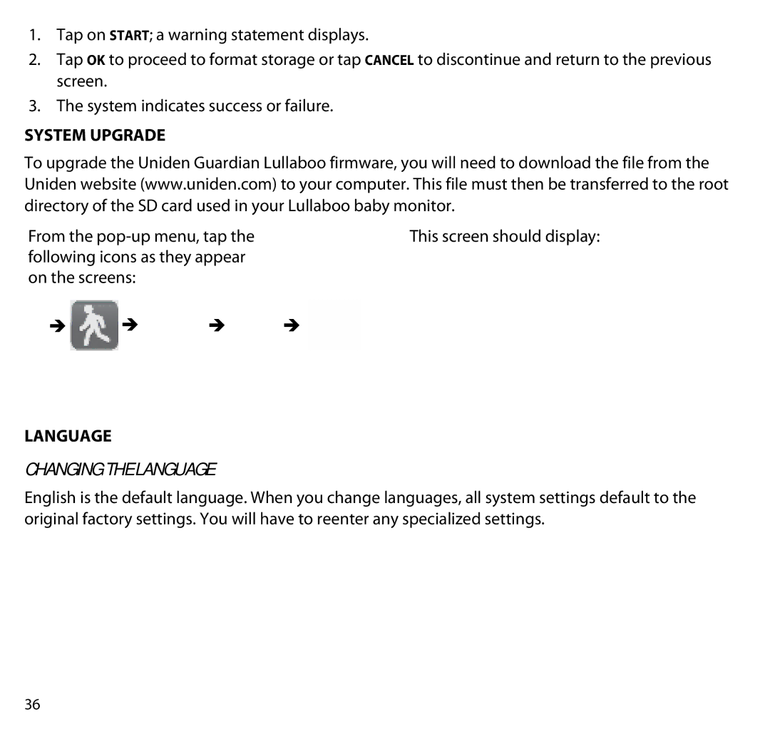 Uniden G403 manual System Upgrade, Changing the Language 