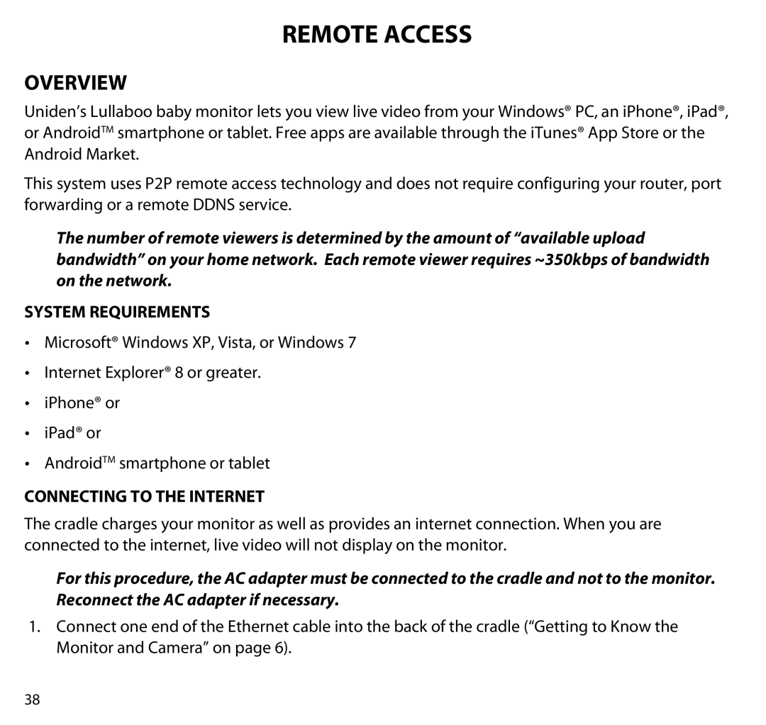 Uniden G403 manual Remote Access, System Requirements, Connecting to the Internet 