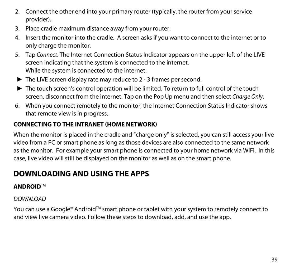 Uniden G403 manual Downloading and Using the Apps, Connecting to the Intranet Home network, AndroidTM 