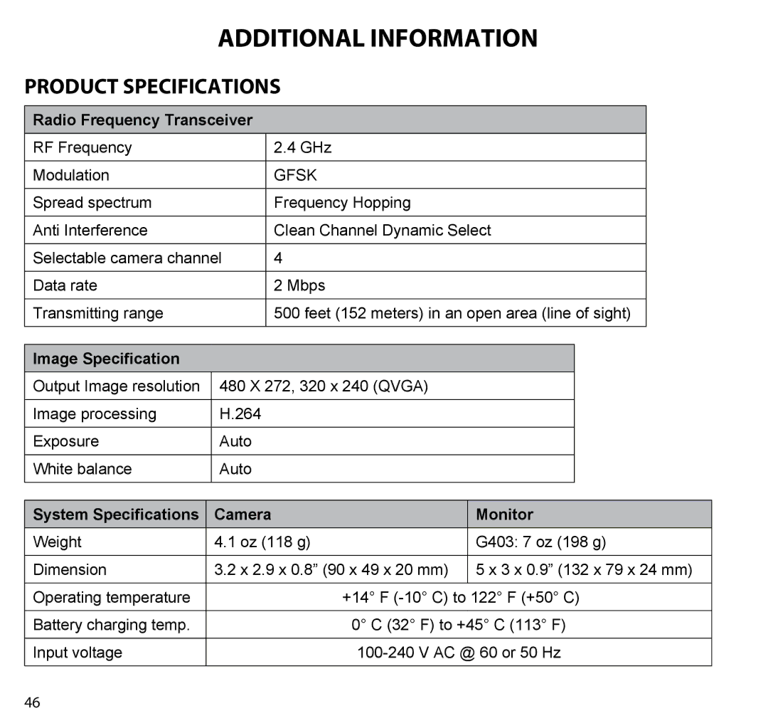 Uniden G403 manual Additional Information, Product Specifications 
