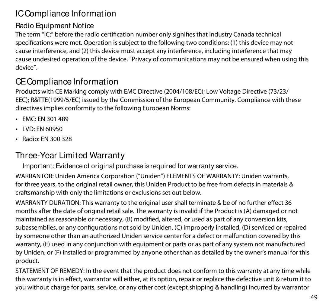 Uniden G403 manual IC Compliance Information, Radio Equipment Notice 