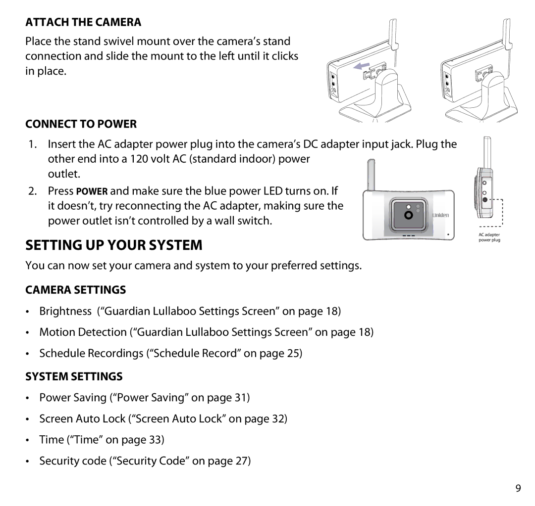 Uniden G403 manual Setting Up Your System, Attach the Camera, Connect to Power, Camera Settings, System Settings 