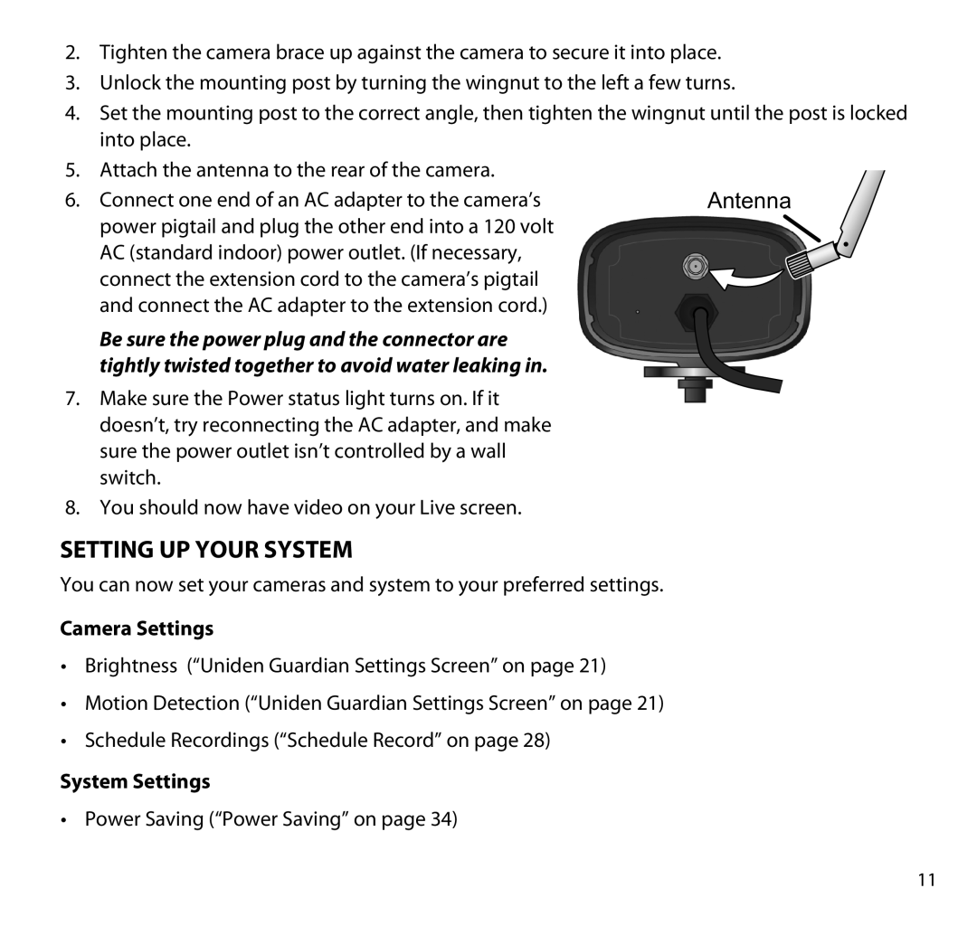 Uniden G955 manual Camera Settings, System Settings 