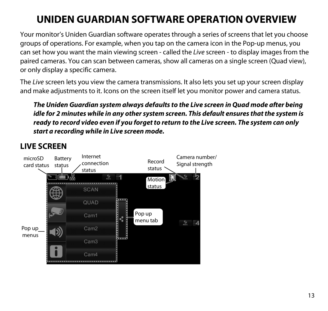 Uniden G955 manual Uniden Guardian Software Operation Overview, Live Screen 