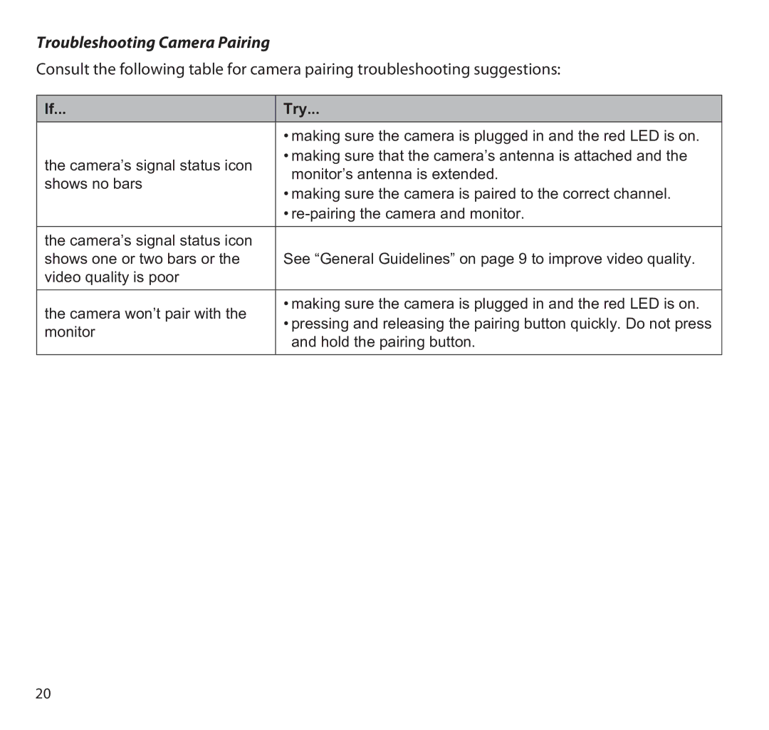 Uniden G955 manual Troubleshooting Camera Pairing, Try 