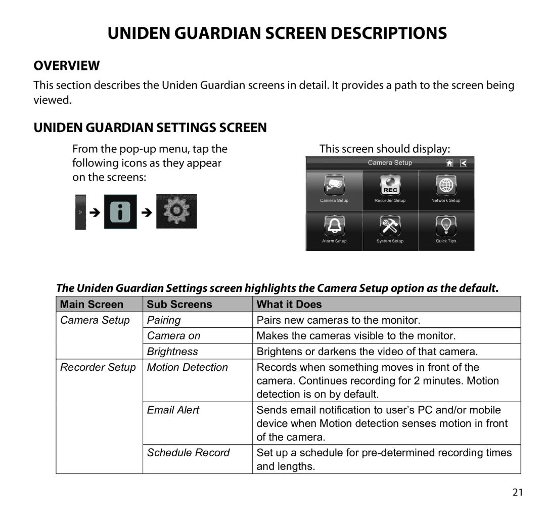 Uniden G955 manual Overview, Uniden Guardian Settings Screen 