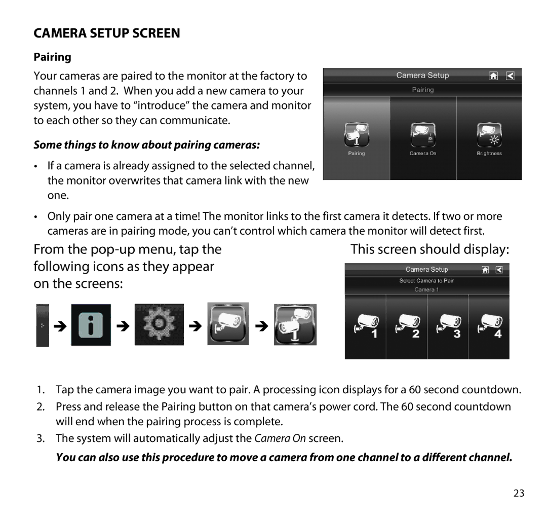 Uniden G955 manual Camera Setup Screen, Pairing 