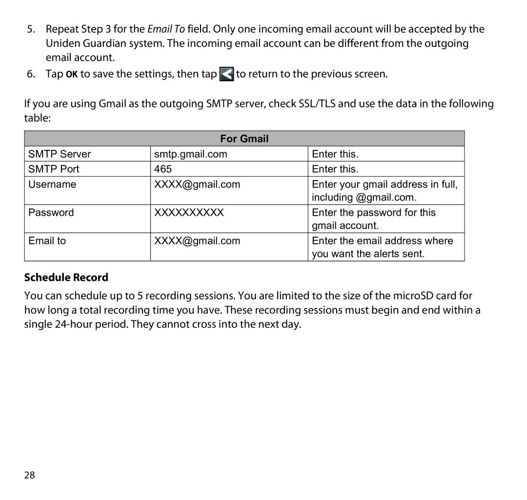 Uniden G955 manual Schedule Record, For Gmail 