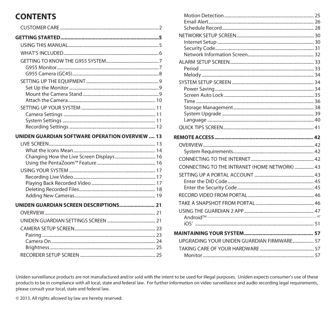 Uniden G955 manual Contents 