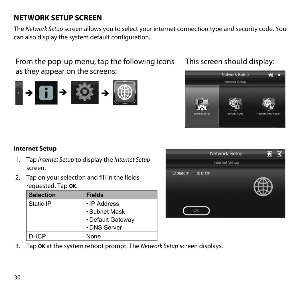 Uniden G955 manual Network Setup Screen, Internet Setup 