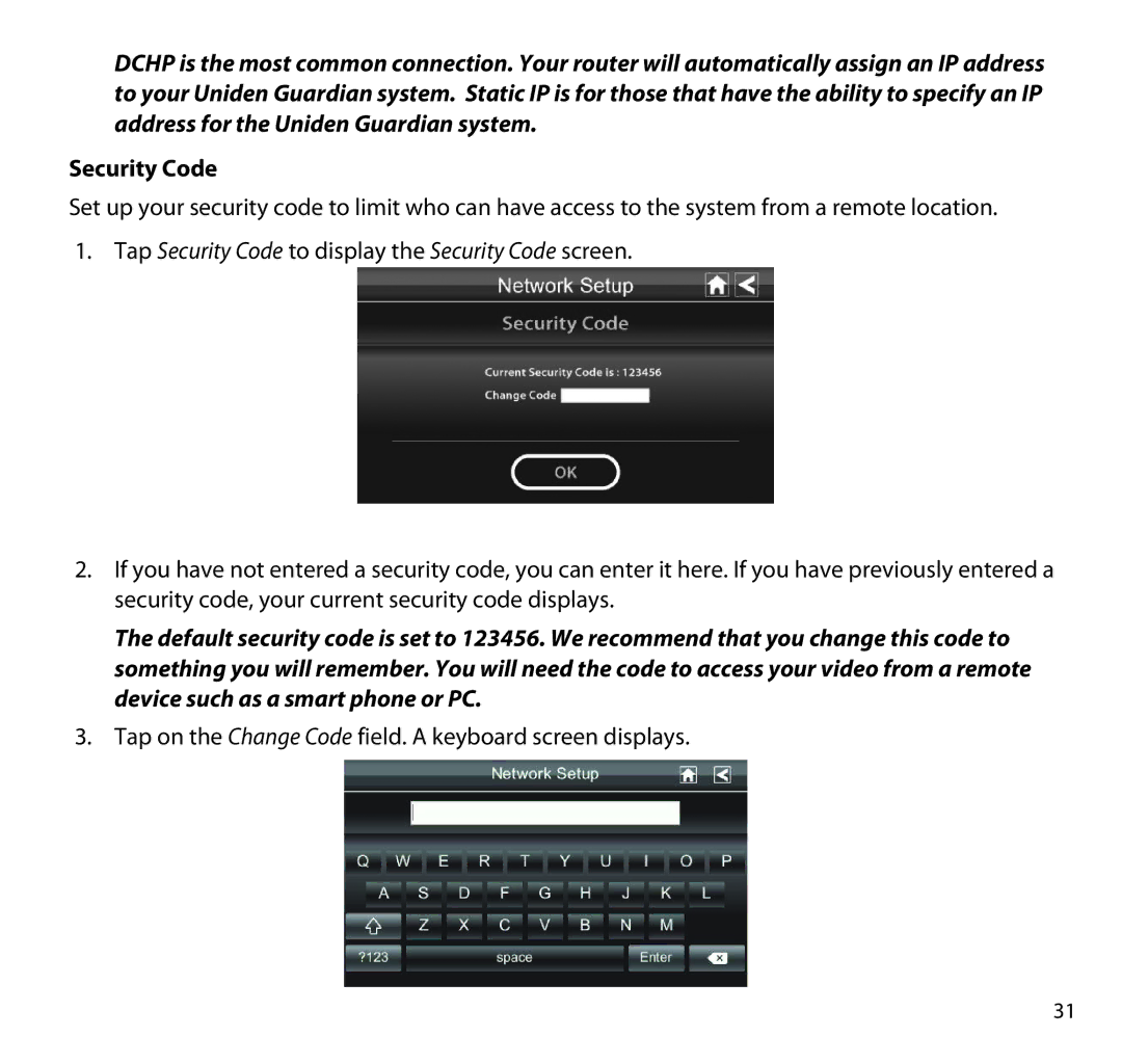 Uniden G955 manual Tap Security Code to display the Security Code screen 