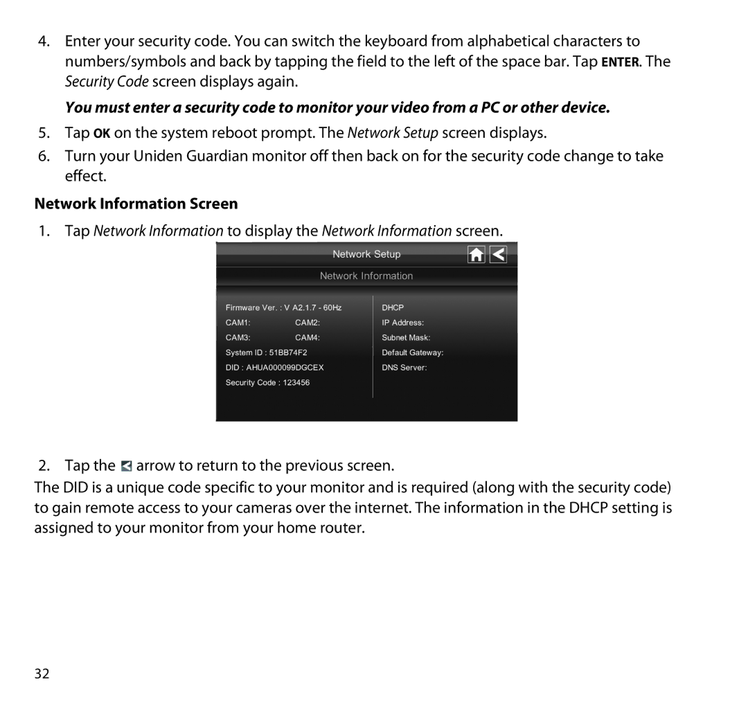 Uniden G955 manual Network Information Screen 