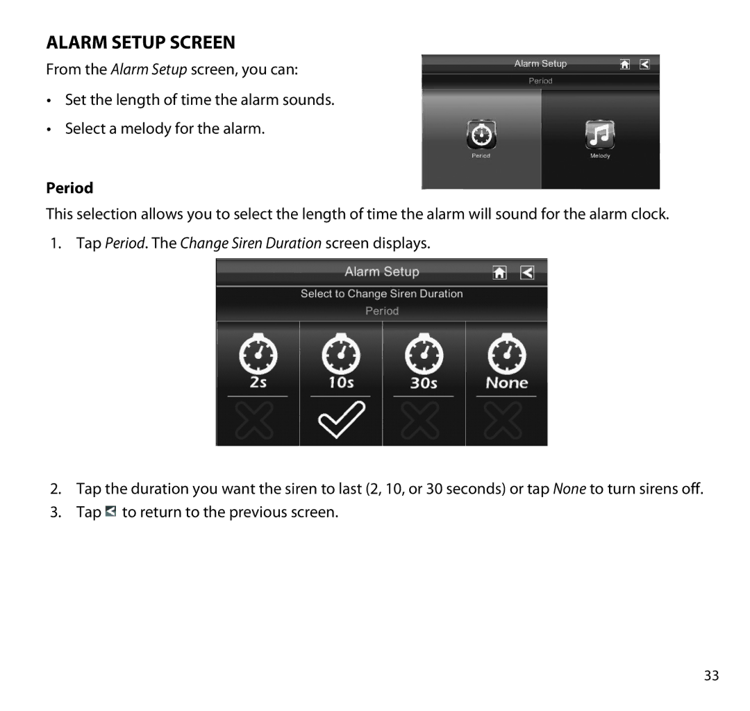 Uniden G955 manual Alarm Setup Screen, Period 