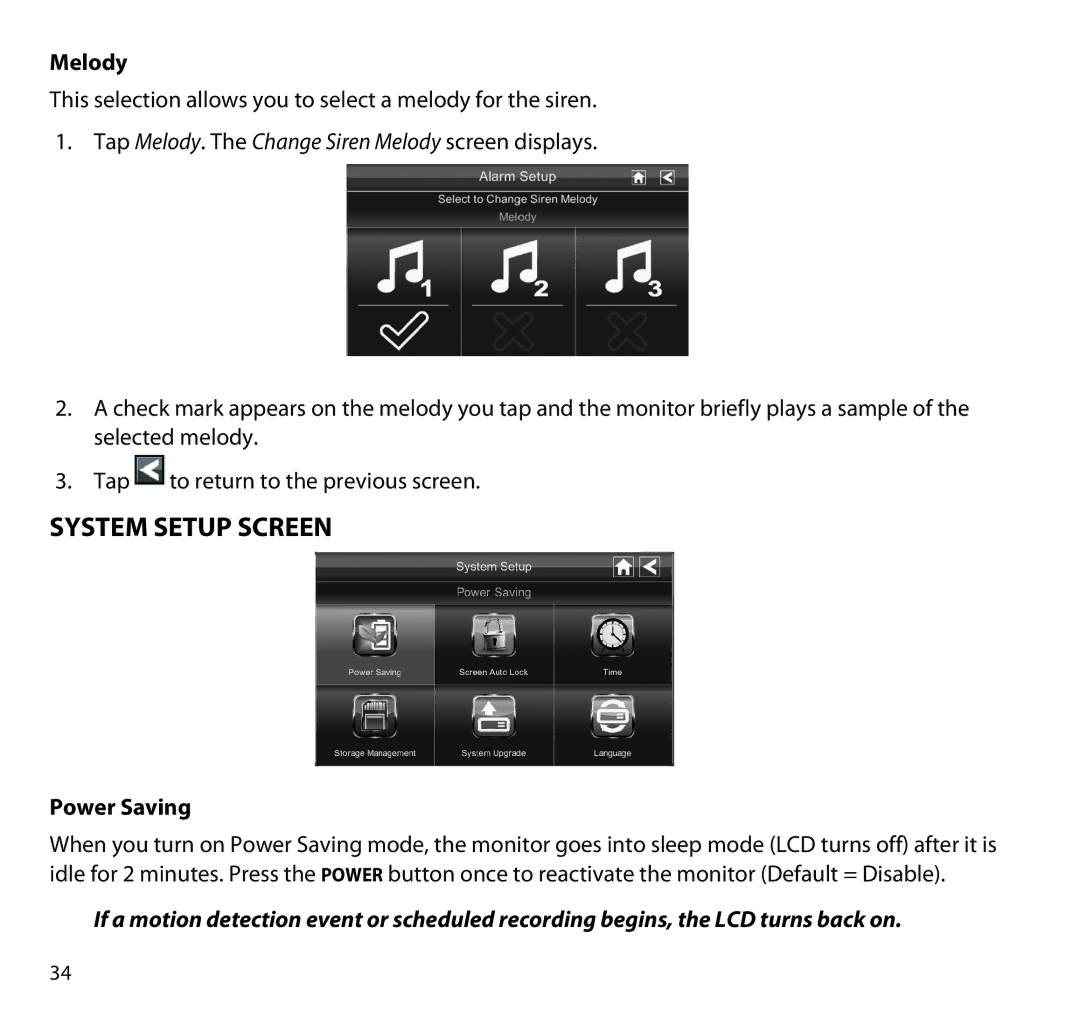 Uniden G955 manual System Setup Screen, Melody, Power Saving 