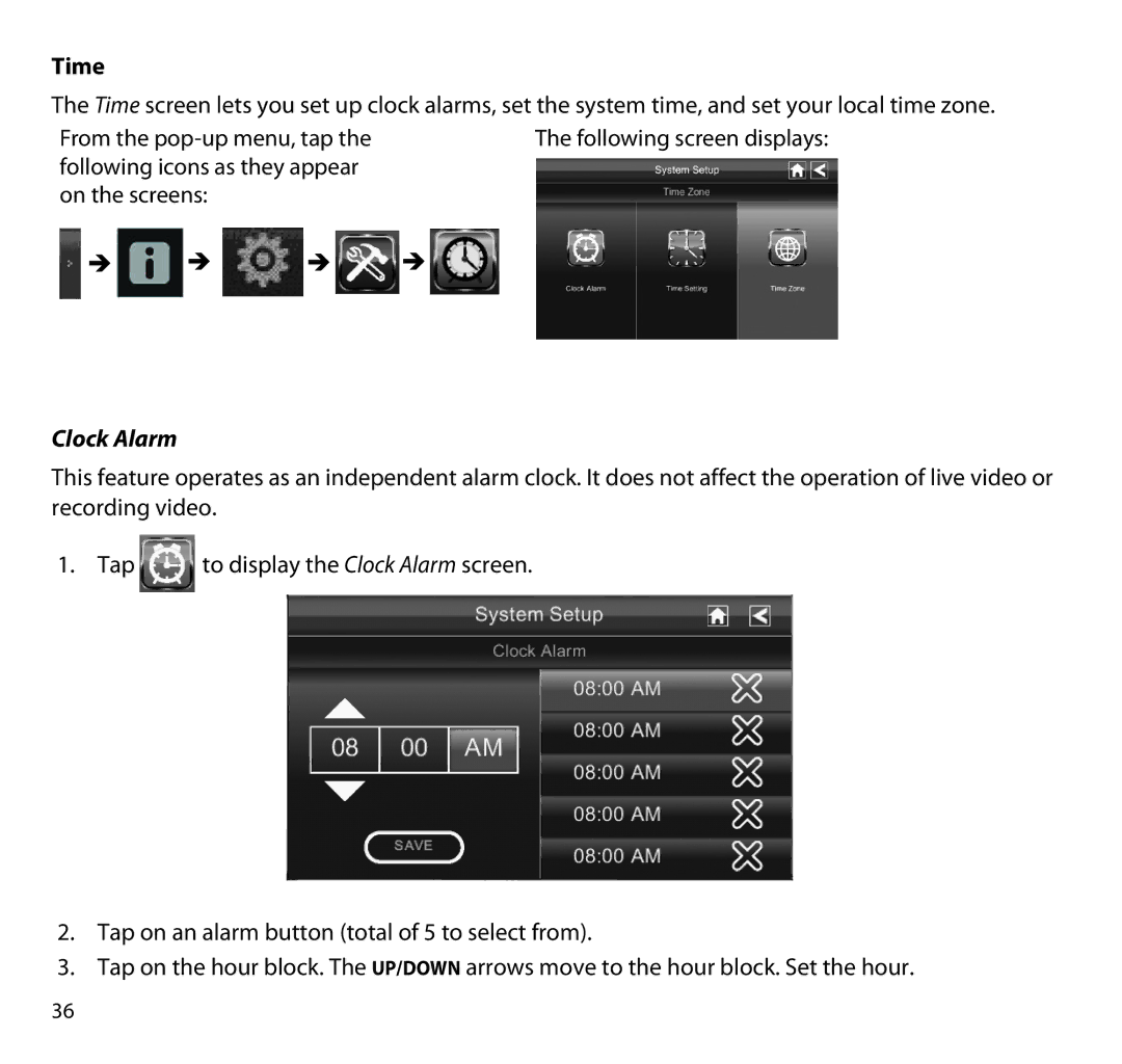 Uniden G955 manual Time, Clock Alarm 