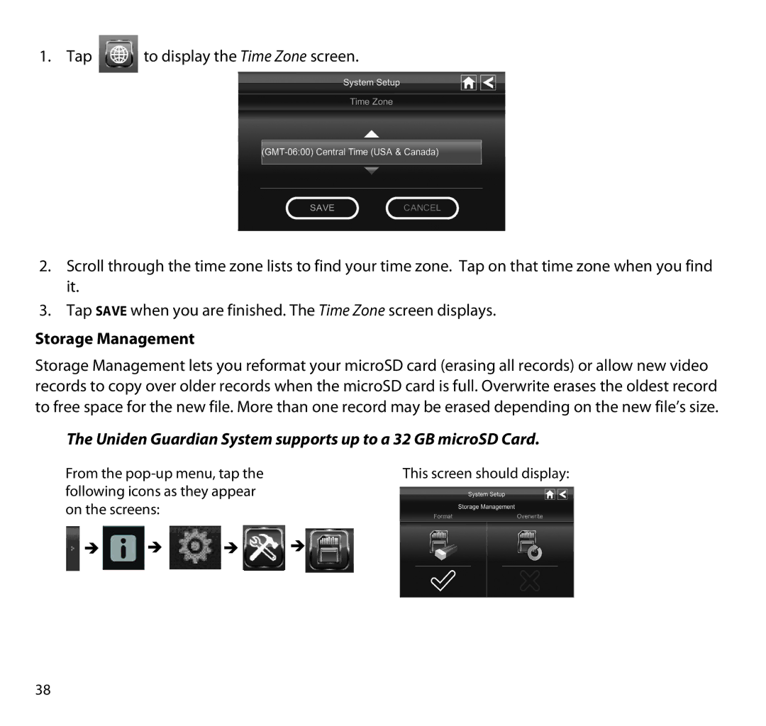 Uniden G955 manual Storage Management, Uniden Guardian System supports up to a 32 GB microSD Card 