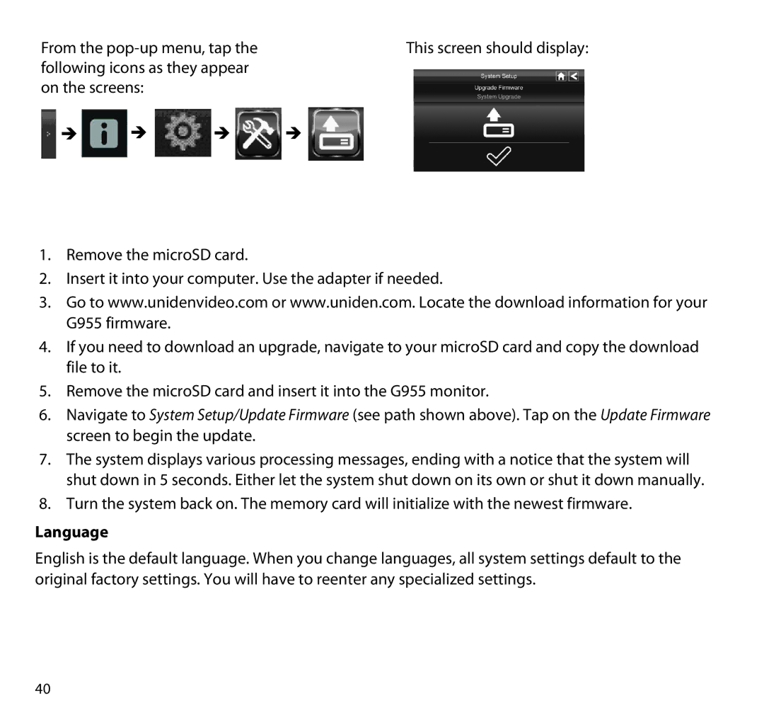 Uniden G955 manual Language 