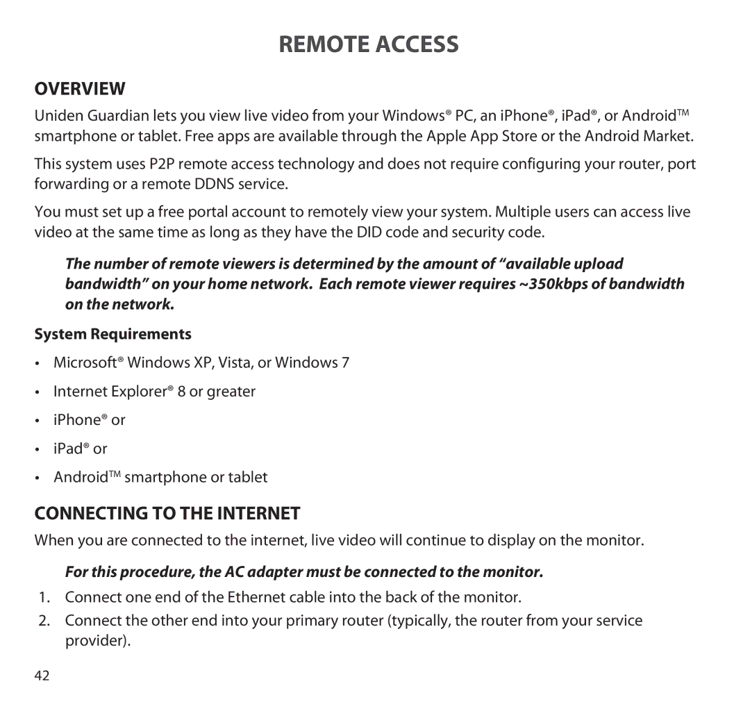 Uniden G955 manual Connecting to the Internet, System Requirements 