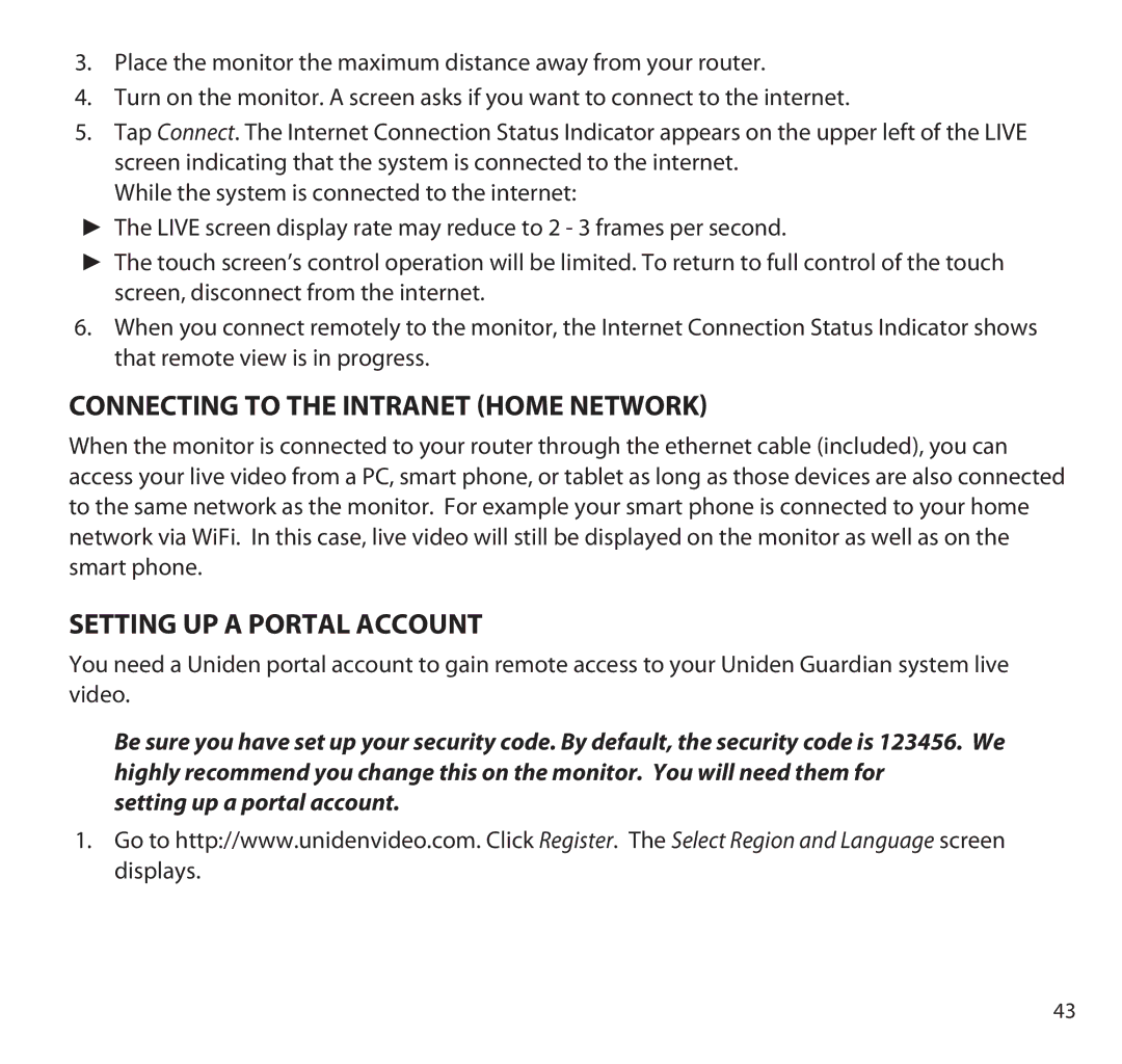 Uniden G955 manual Connecting to the Intranet Home network, Setting up a Portal Account, Setting up a portal account 