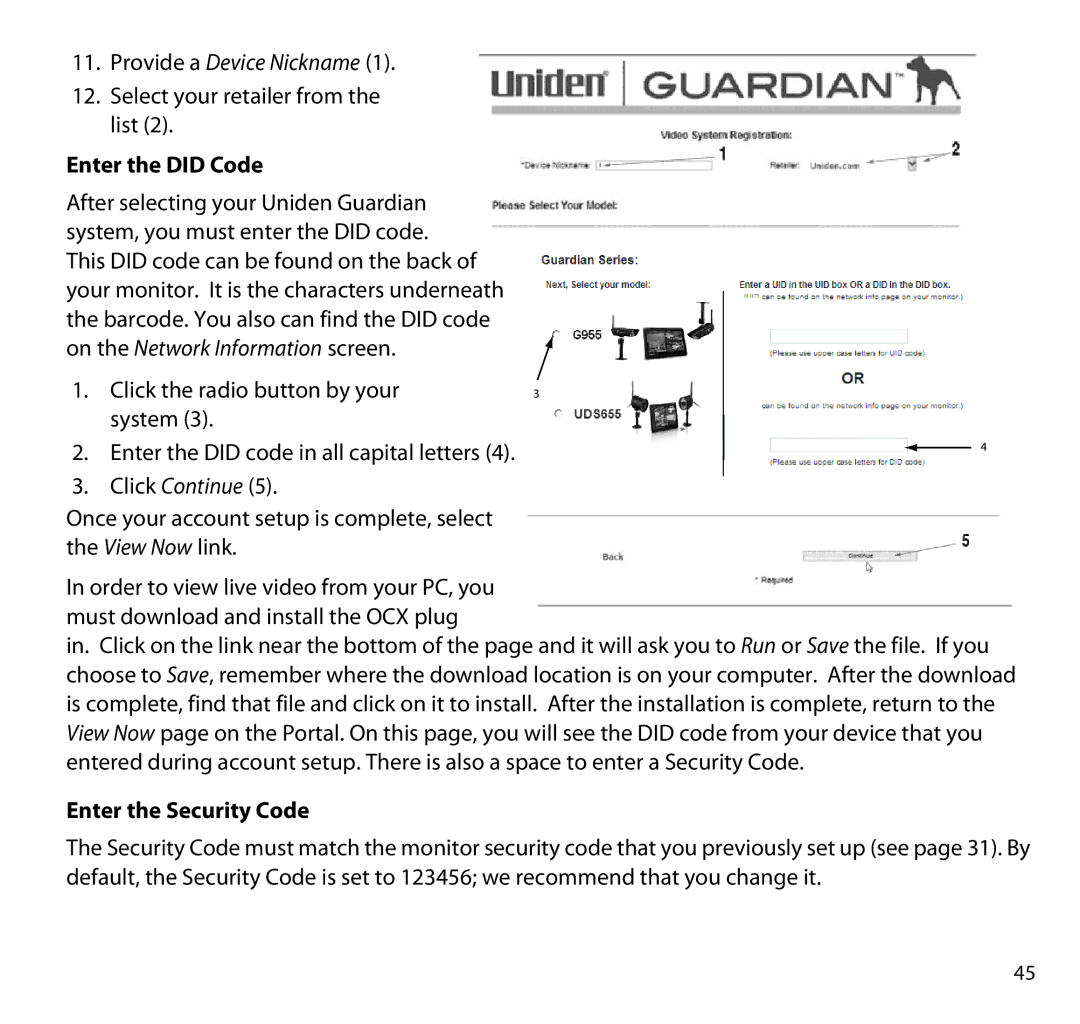 Uniden G955 manual Enter the did Code, Enter the Security Code 