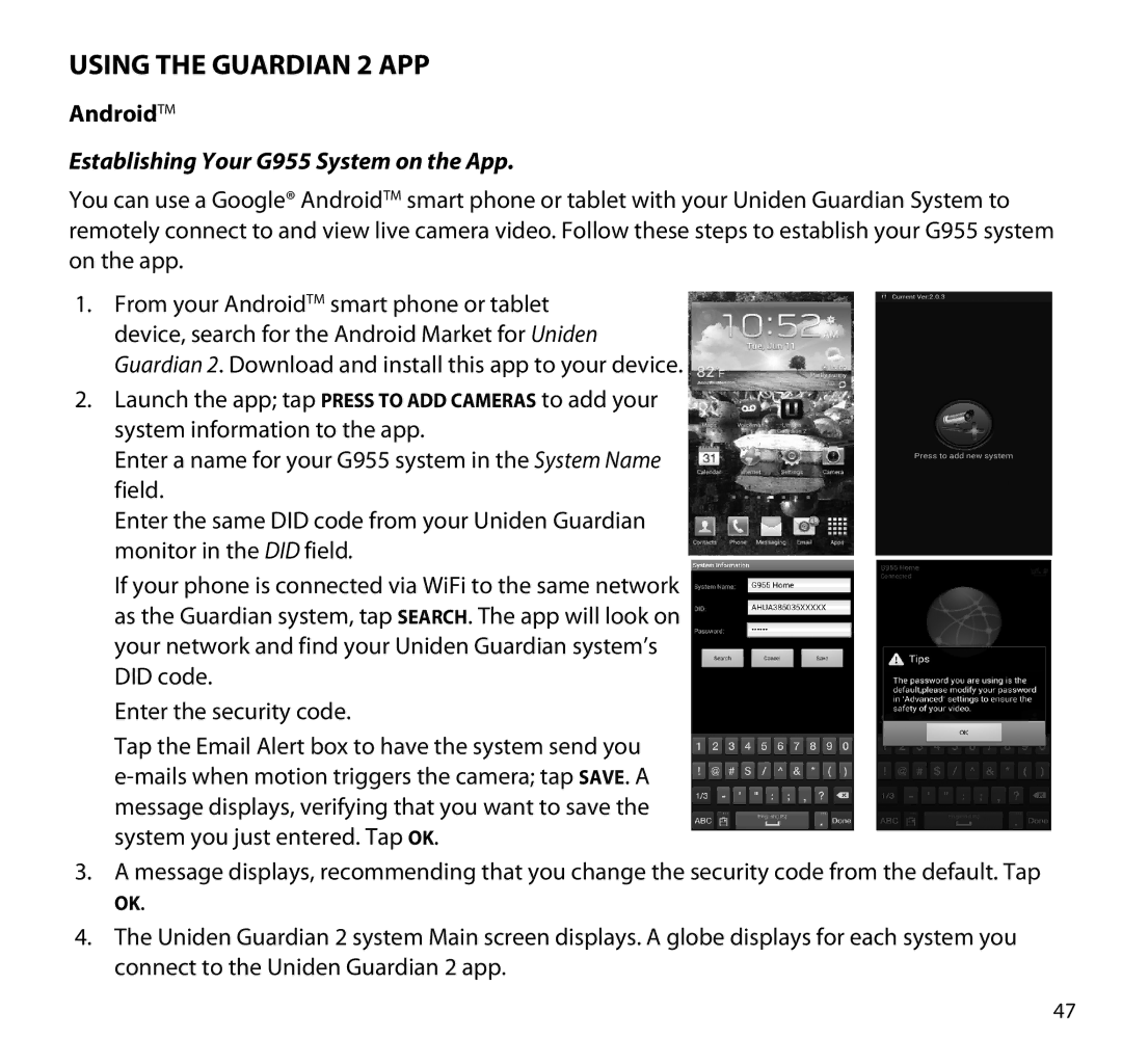 Uniden manual Using the Guardian 2 App, AndroidTM, Establishing Your G955 System on the App 