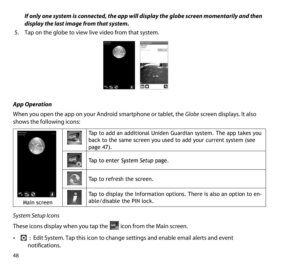 Uniden G955 manual App Operation, System Setup Icons 