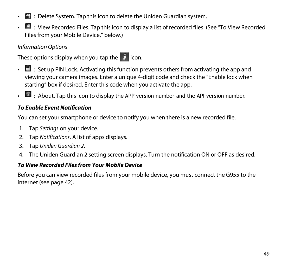 Uniden G955 manual To Enable Event Notification, To View Recorded Files from Your Mobile Device 