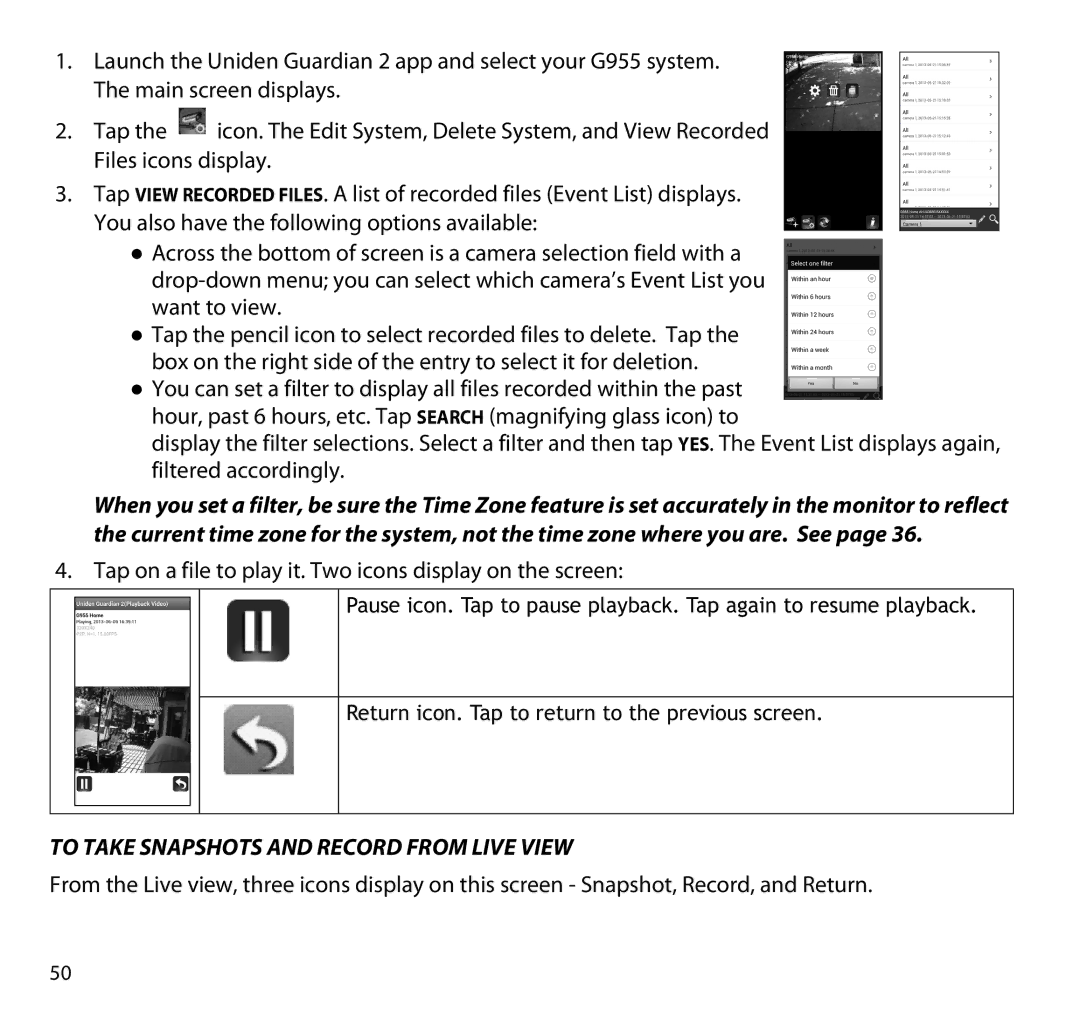 Uniden G955 manual To Take Snapshots and Record from Live View 