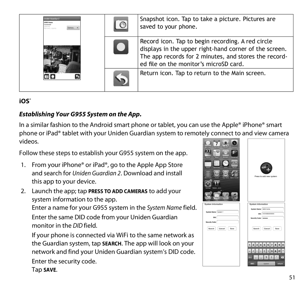 Uniden manual Ios, Establishing Your G955 System on the App 