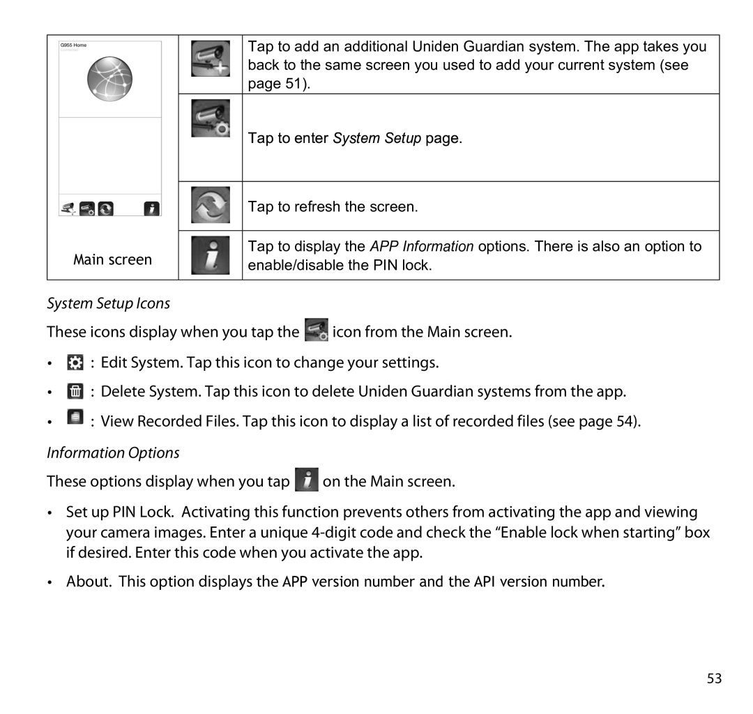 Uniden G955 manual Information Options 