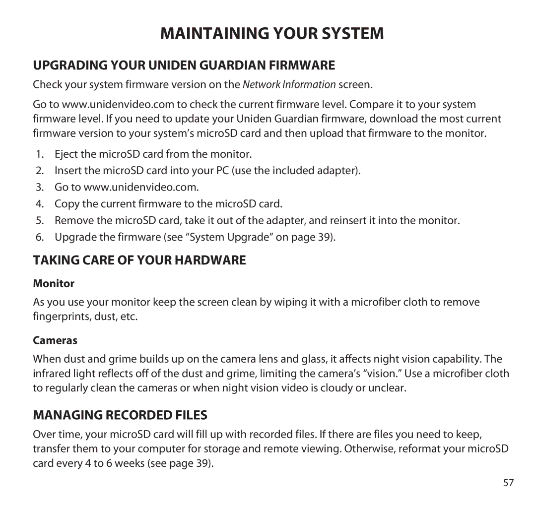 Uniden G955 manual Upgrading your Uniden Guardian Firmware, Taking Care of Your Hardware, Monitor, Cameras 