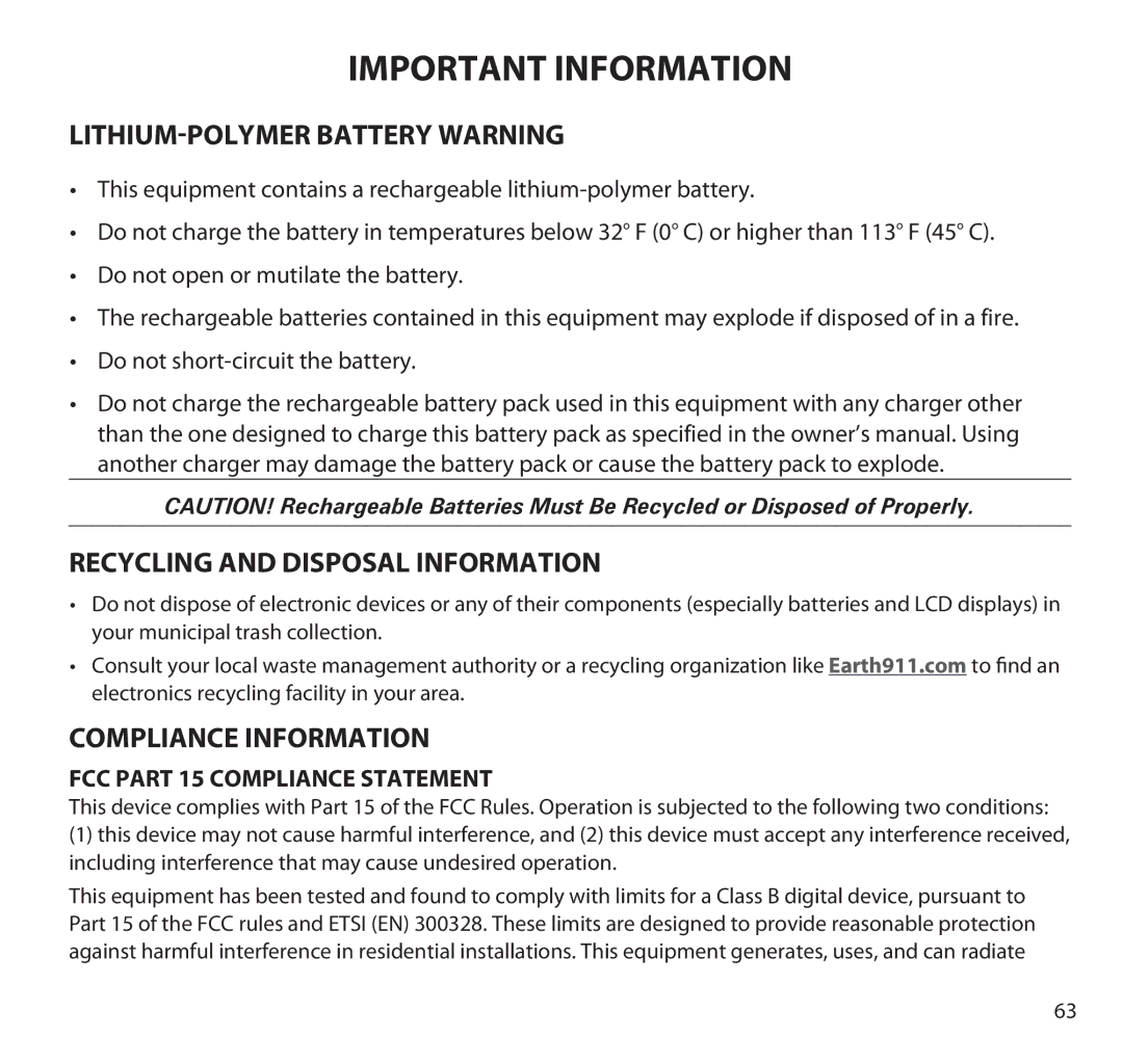 Uniden G955 manual Lithium-Polymer Battery Warning, Recycling and Disposal Information, Compliance Information 